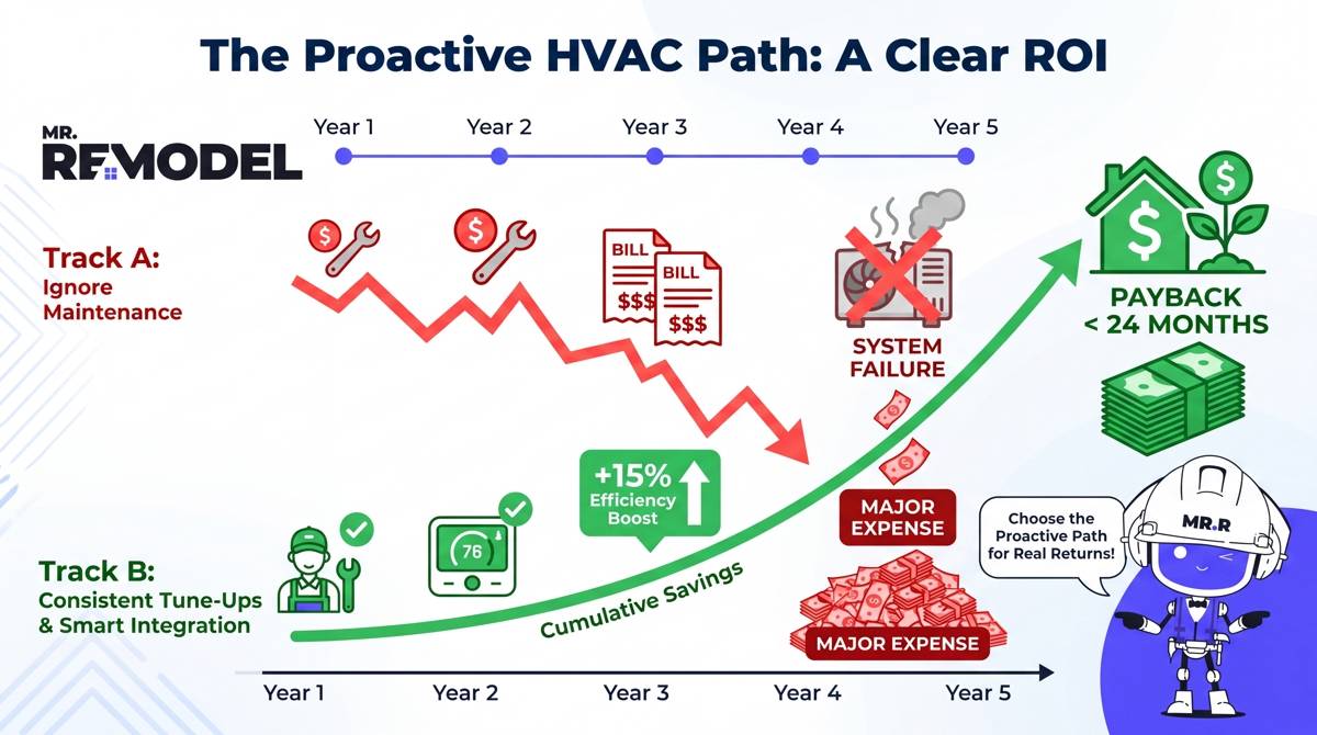 A horizontal timeline infographic comparing two paths. Path A (Reactive): "Ignore Maintenance" -> "Catastrophic Failure" -> "Emergency Repair (High Cost, Low Efficiency)." Path B (Proactive/Smart): "Consistent Tune-Ups (+15% Boost)" -> "Smart Thermostat (+15% Savings)" -> "Planned Upgrade (Optimal ROI, Tax Credits)."